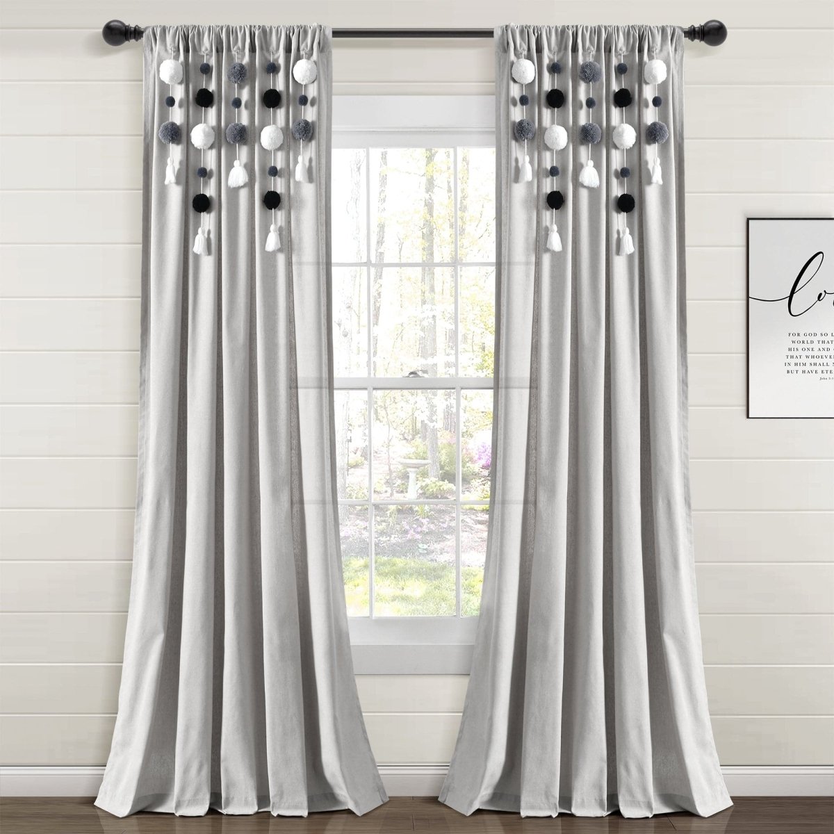 Boho Pom Pom Tassel Faux Linen Window Curtain Panels