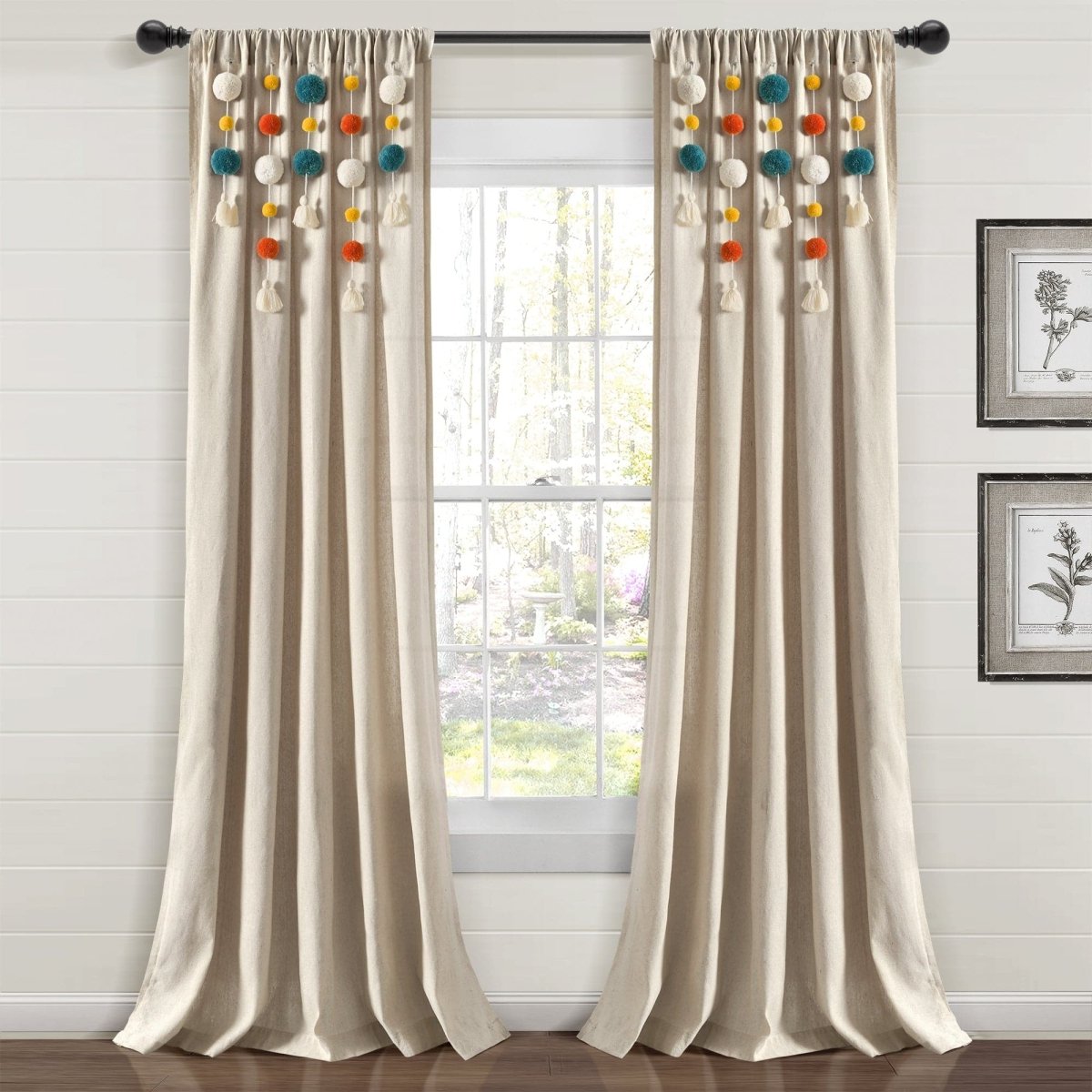 Boho Pom Pom Tassel Faux Linen Window Curtain Panels