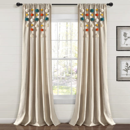 Boho Pom Pom Tassel Faux Linen Window Curtain Panels