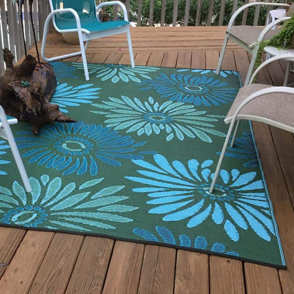 Daisy Aqua &amp; Green Reversible Outdoor Mat