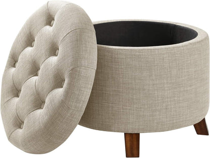 Beige Linen Round Storage Ottoman