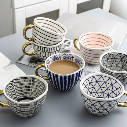 Lechsi Hand Painted Gold Handle Ceramic Mugs