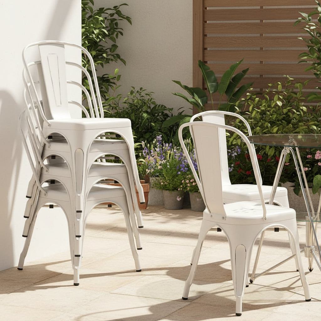 Set of 4 Stackable Distressed White Metal Indoor/Outdoor Dining Chairs