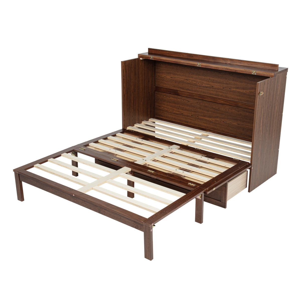 Queen Size Murphy Bed, Pine Wood with Power Station and Rattan Decoration Panel - Walnut