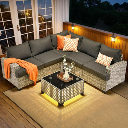 Six Piece Rattan Wicker Outdoor Sectional Sofa Set - Dark Gray