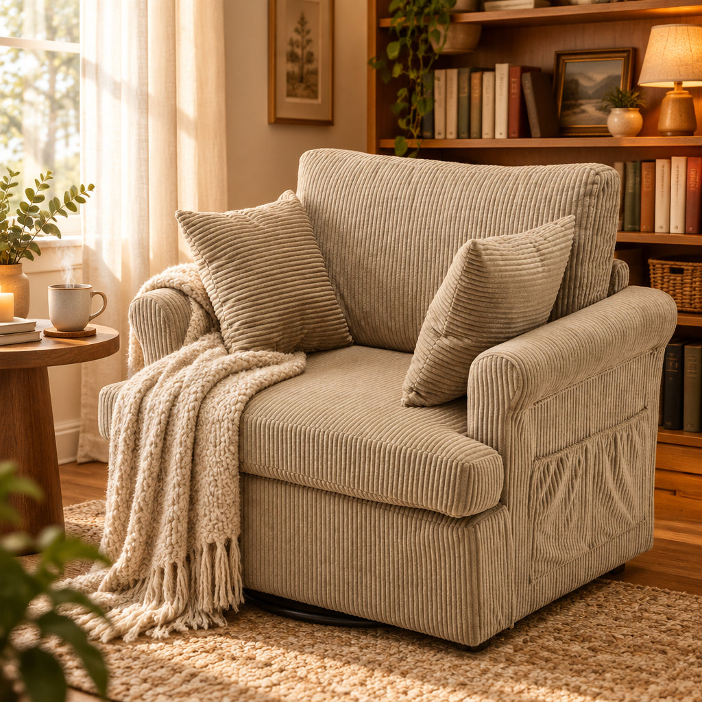 Vingl Extra Wide Swivel Armchair in Khaki Corduroy