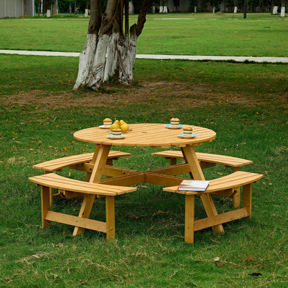 8-Person Round Picnic Table with 4 Built-in Benches - Natural Finish