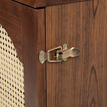Queen Size Murphy Bed, Pine Wood with Power Station and Rattan Decoration Panel - Walnut