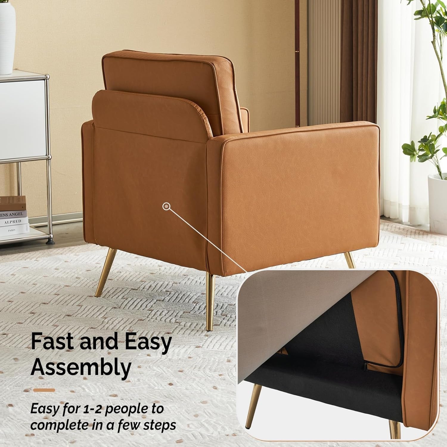 Brown PU Leather Accent Chairs With Gold Legs - 2 pc Set