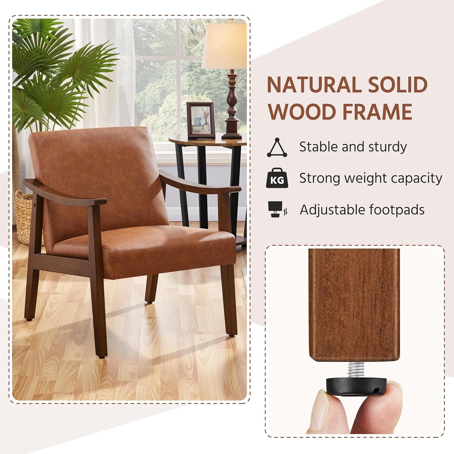 Brown PU Leather Accent Chairs Set of 2 Mid Century Modern