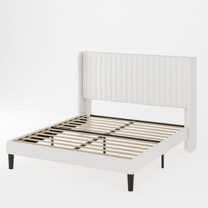 Full Size Bed Frame With Wingback Tufted Headboard in White Velvet