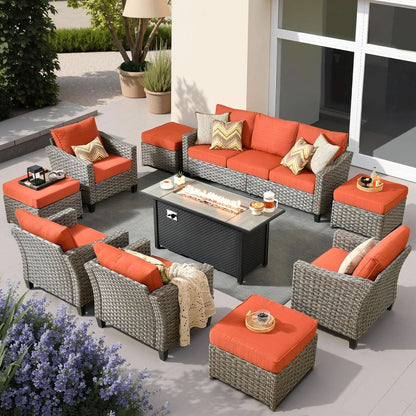 10 Piece Outdoor Patio Lounge Set with Fire Pit - Papaya