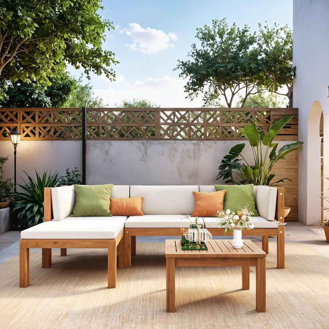 Minimalist Acacia Wood Outdoor Sectional Sofa Set with Beige Cushions