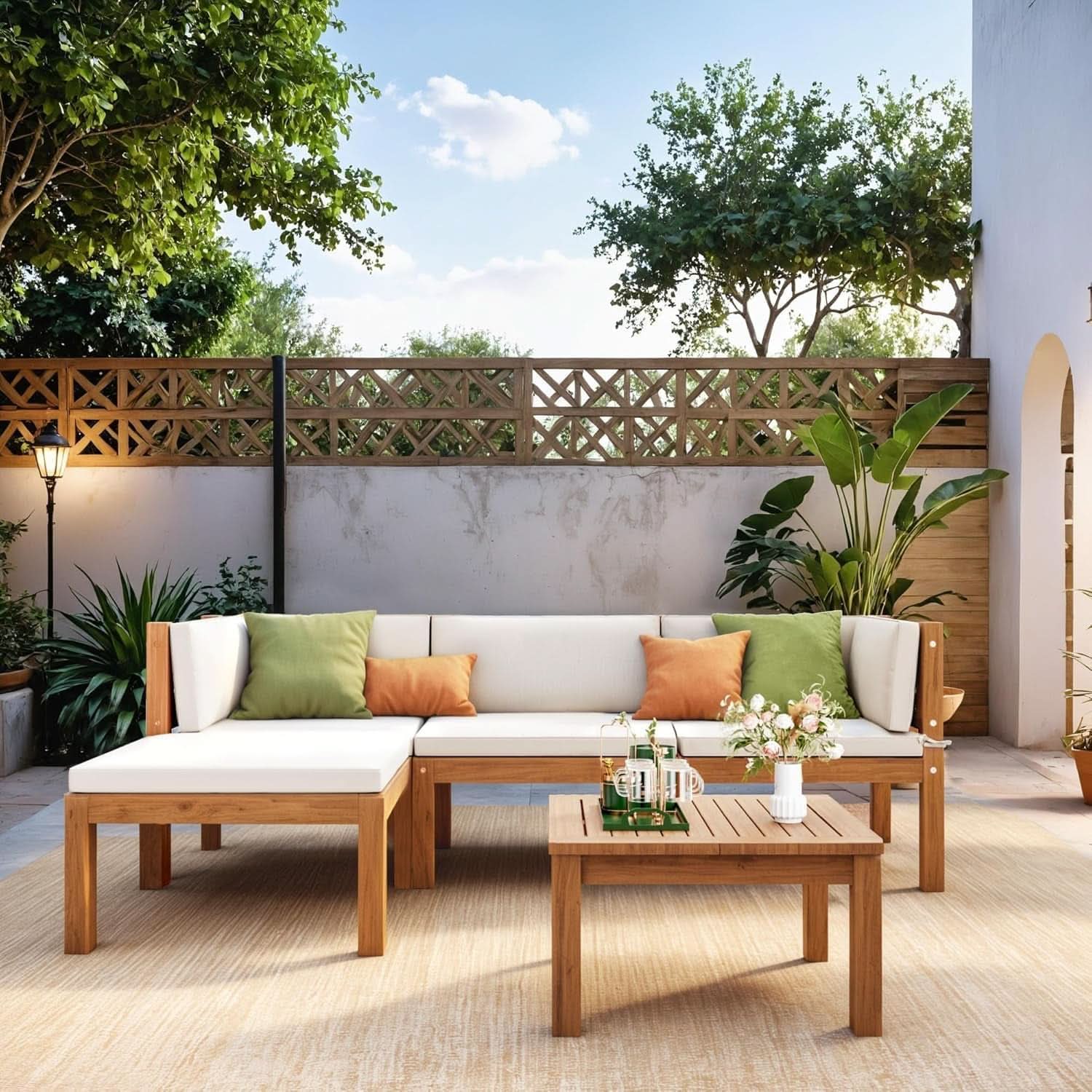 Minimalist Acacia Wood Outdoor Sectional Sofa Set with Beige Cushions
