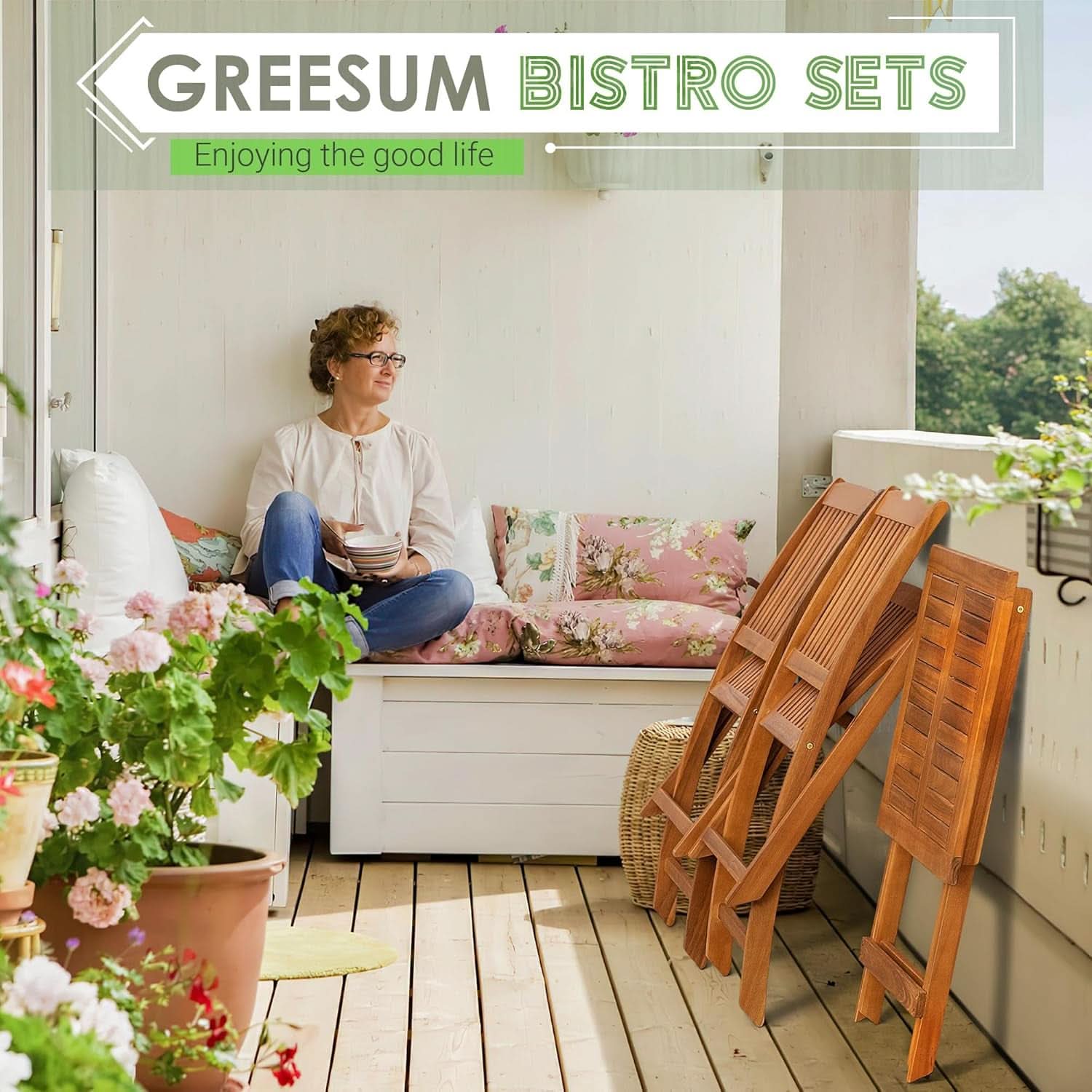 3 Piece Outdoor Folding Bistro Set With Cushions -  Acacia Wood