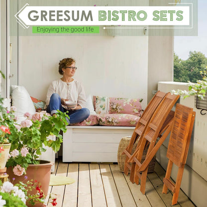 3 Piece Outdoor Folding Bistro Set With Cushions -  Acacia Wood