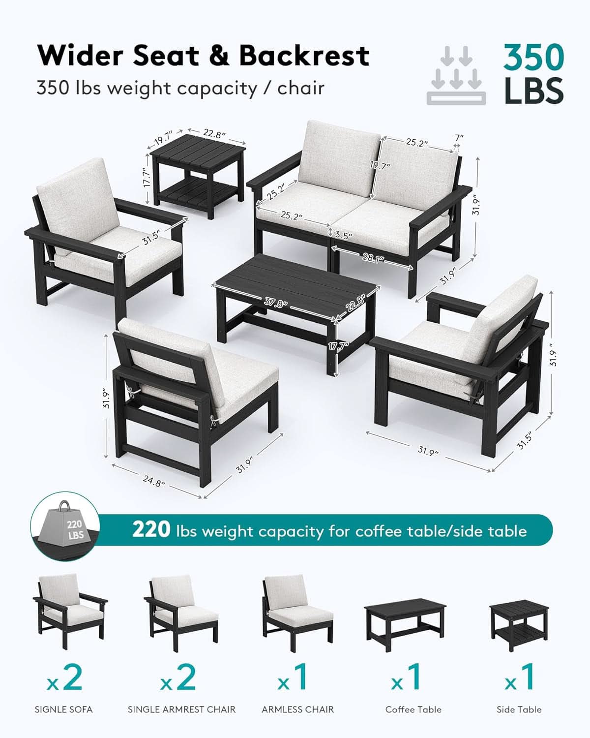 HDPE 7 Piece Outdoor Patio Furniture Set - Black/White