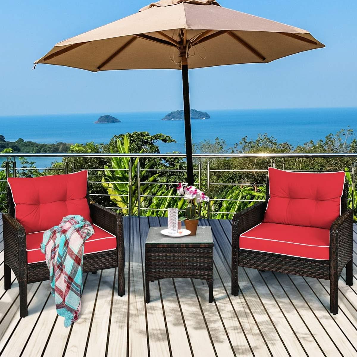3 Piece Wicker Patio Conversation Set With Red Cushions
