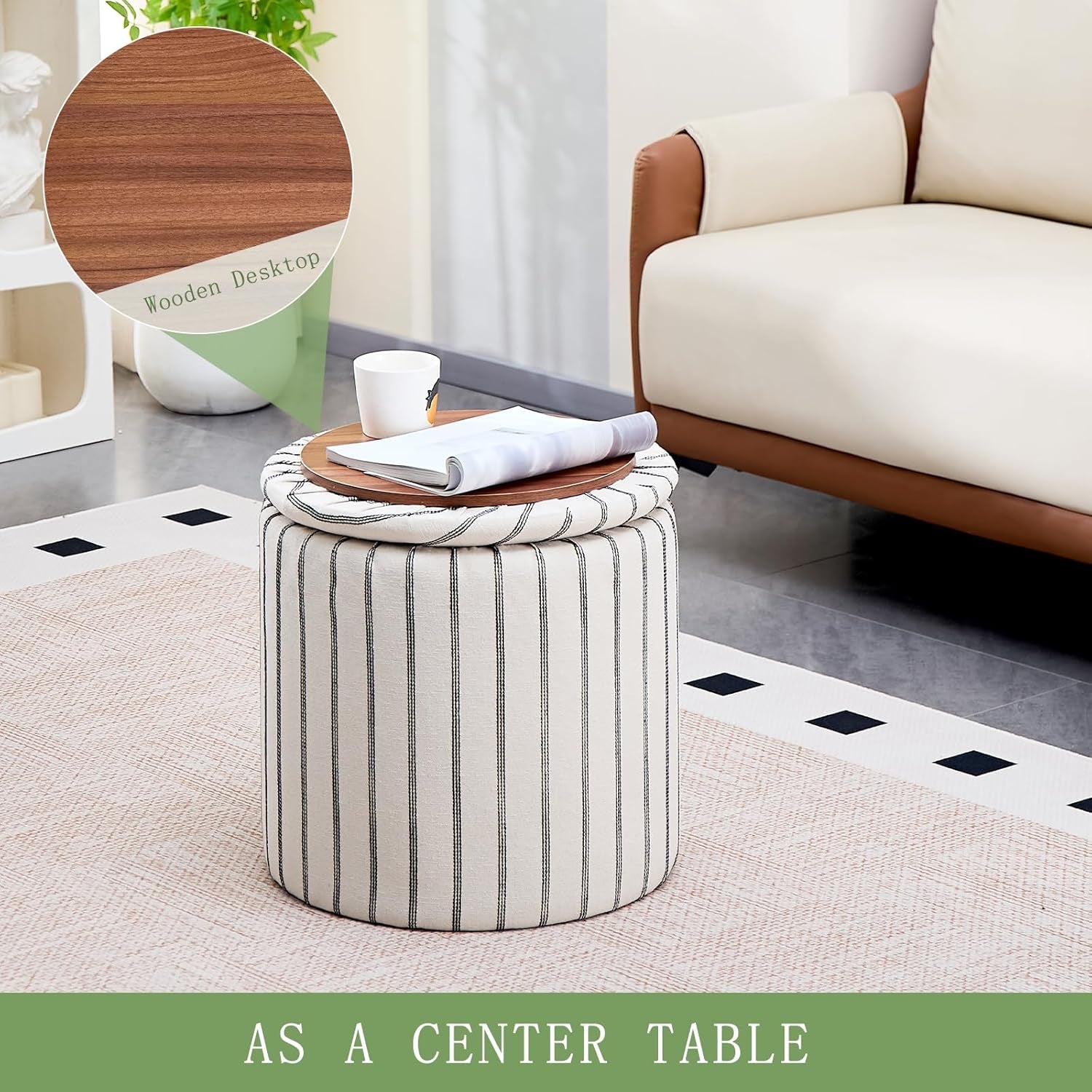 Striped Round Storage Ottoman With Removable Tray