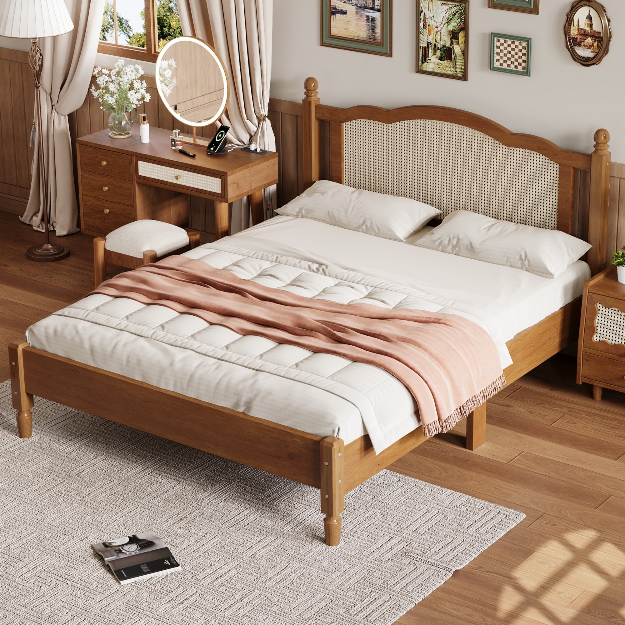 Queen Size Wooden Platform Bed with Natural Rattan Headboard