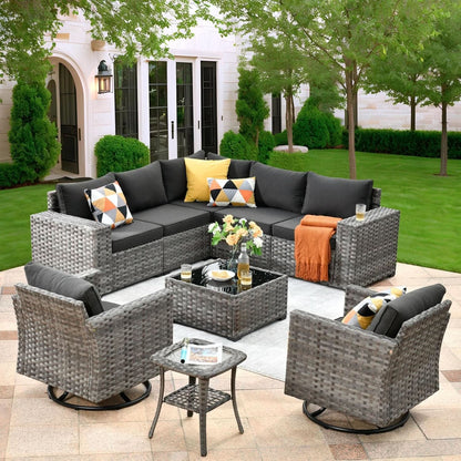 9 Piece Wicker Modular Sectional Patio Set - Gray/Black