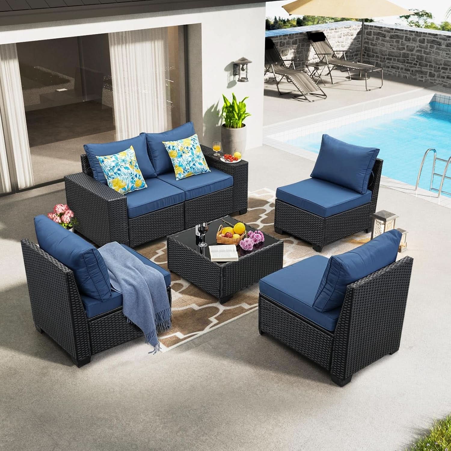 6 Piece All Weather Outdoor Wicker Sectional Sofa Set - Navy