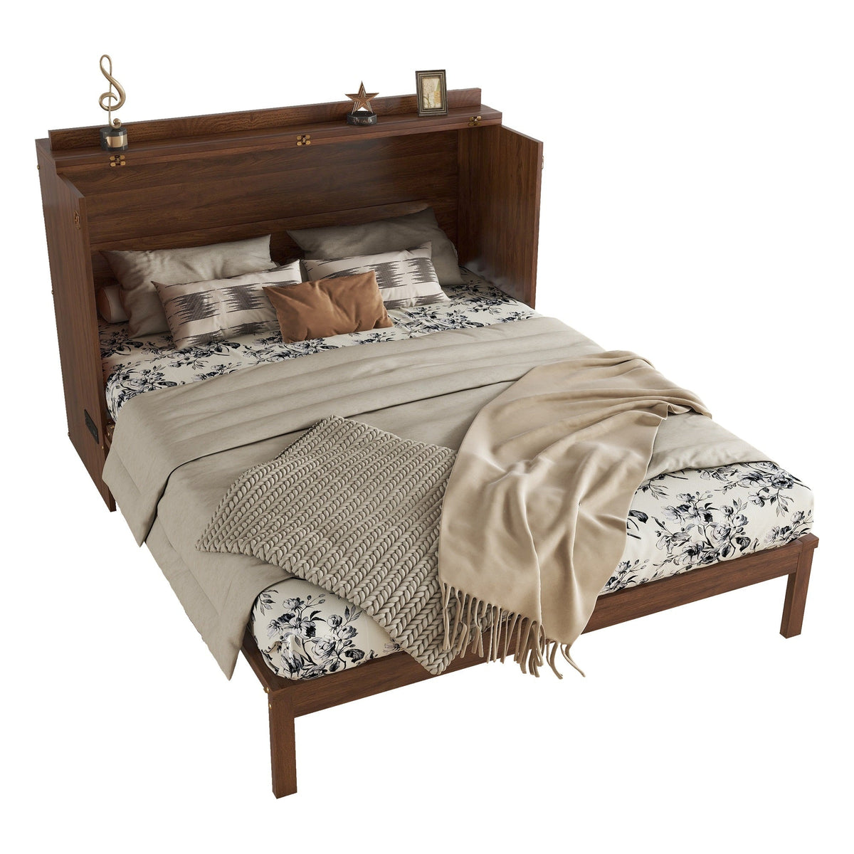 Queen Size Murphy Bed, Pine Wood with Power Station and Rattan Decoration Panel - Walnut