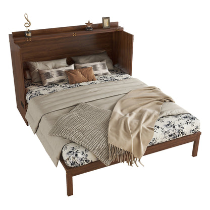 Queen Size Murphy Bed, Pine Wood with Power Station and Rattan Decoration Panel - Walnut