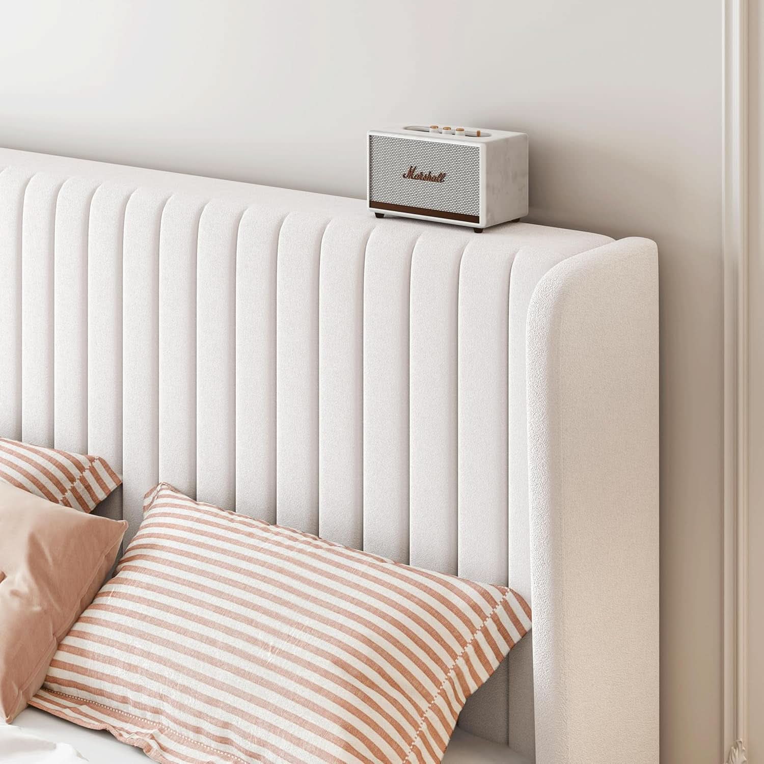 Upholstered Full Size Bed Frame With Wingback Headboard in White Velvet