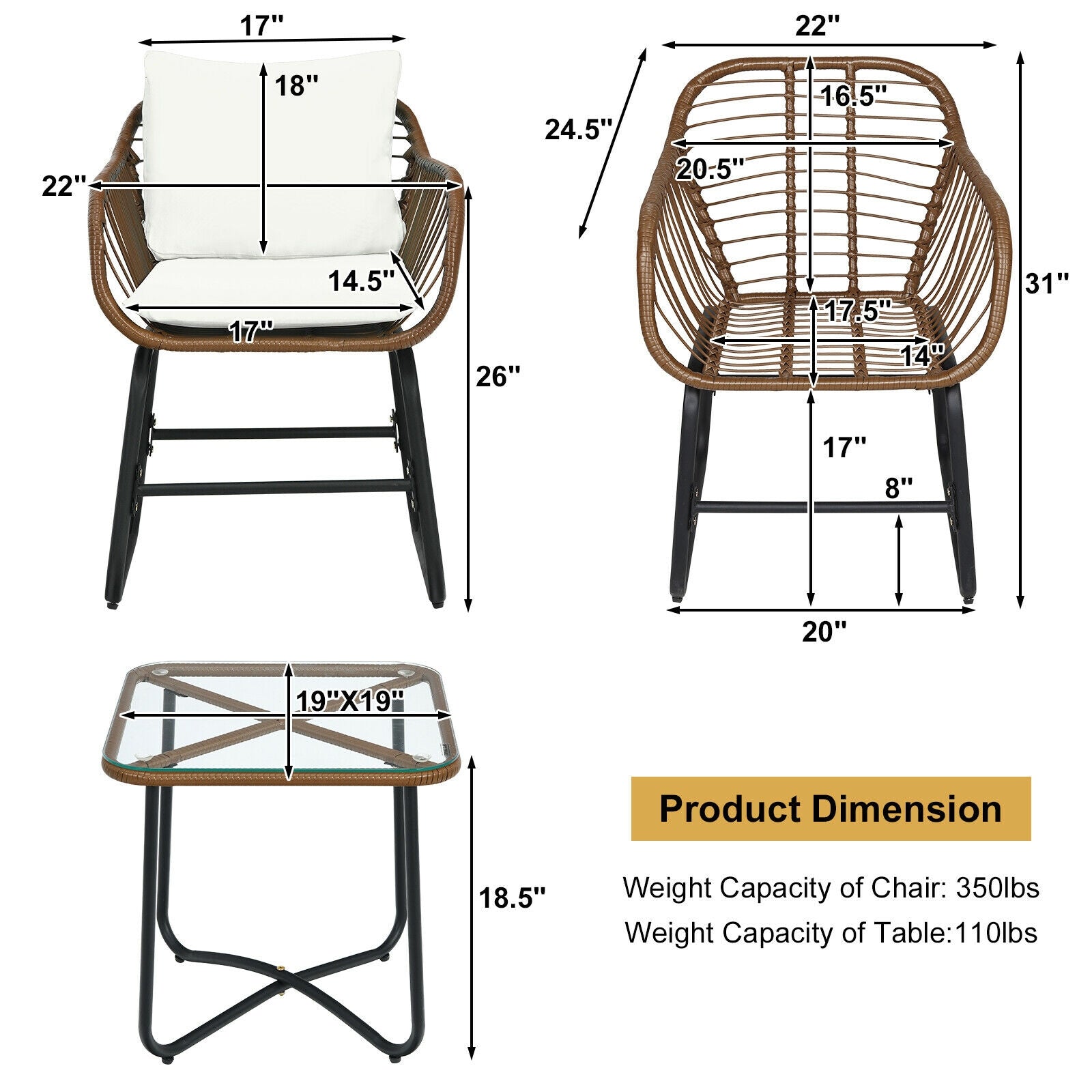 3 Pc Rattan Bistro Set with White Cushions