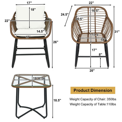 3 Pc Rattan Bistro Set with White Cushions