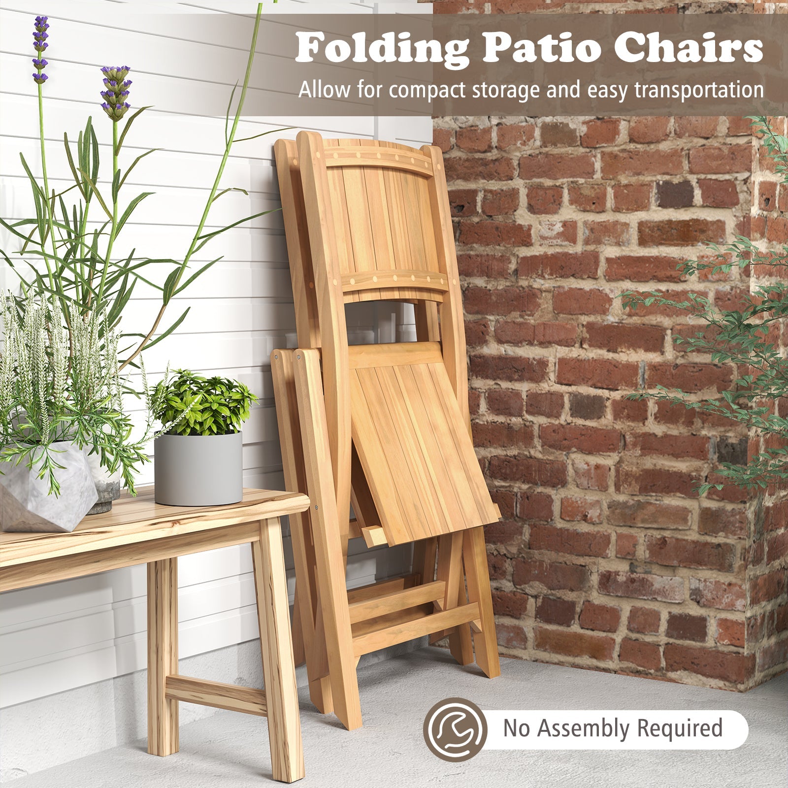 Set of 2 Teak Wood Outdoor Folding Chairs