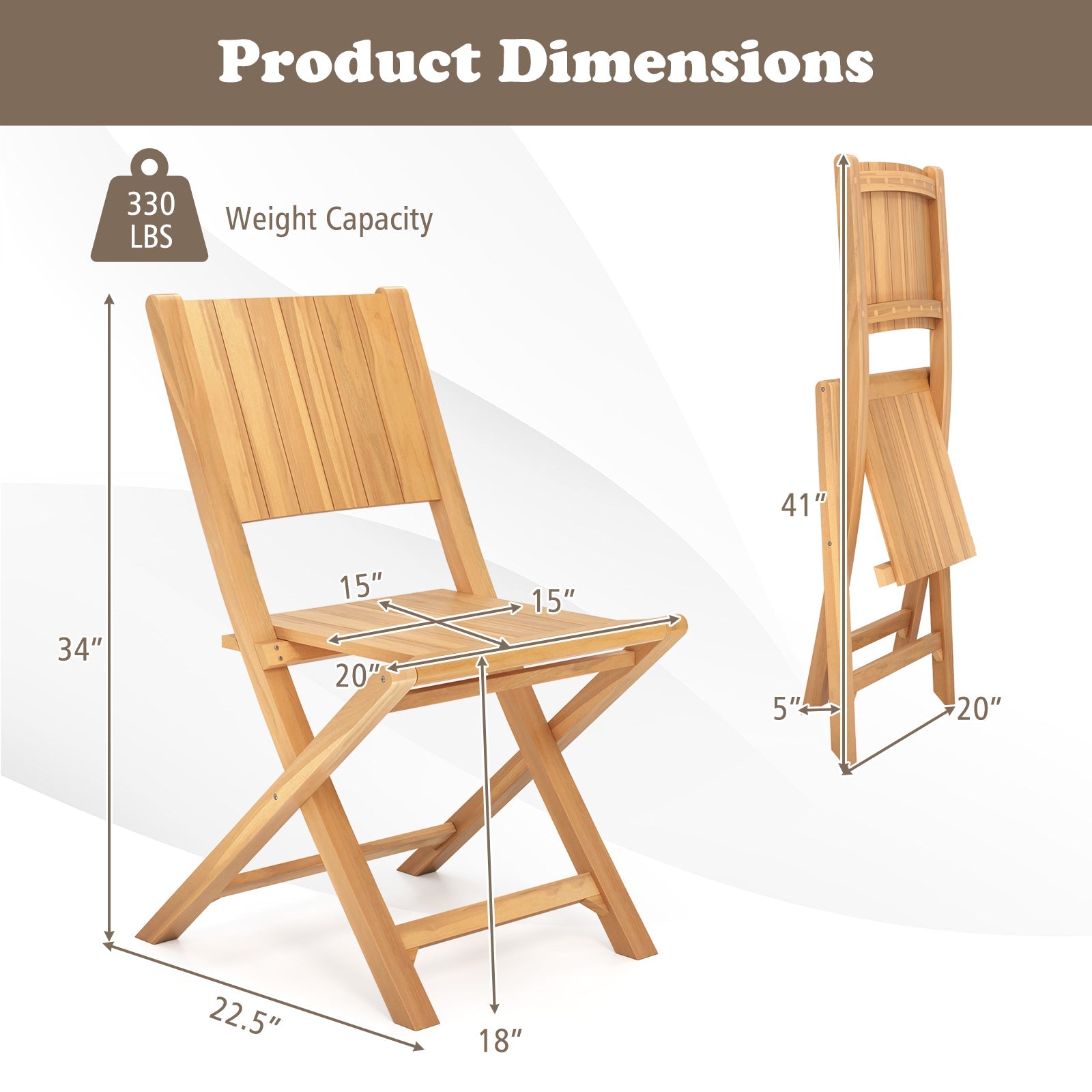 Set of 2 Teak Wood Outdoor Folding Chairs