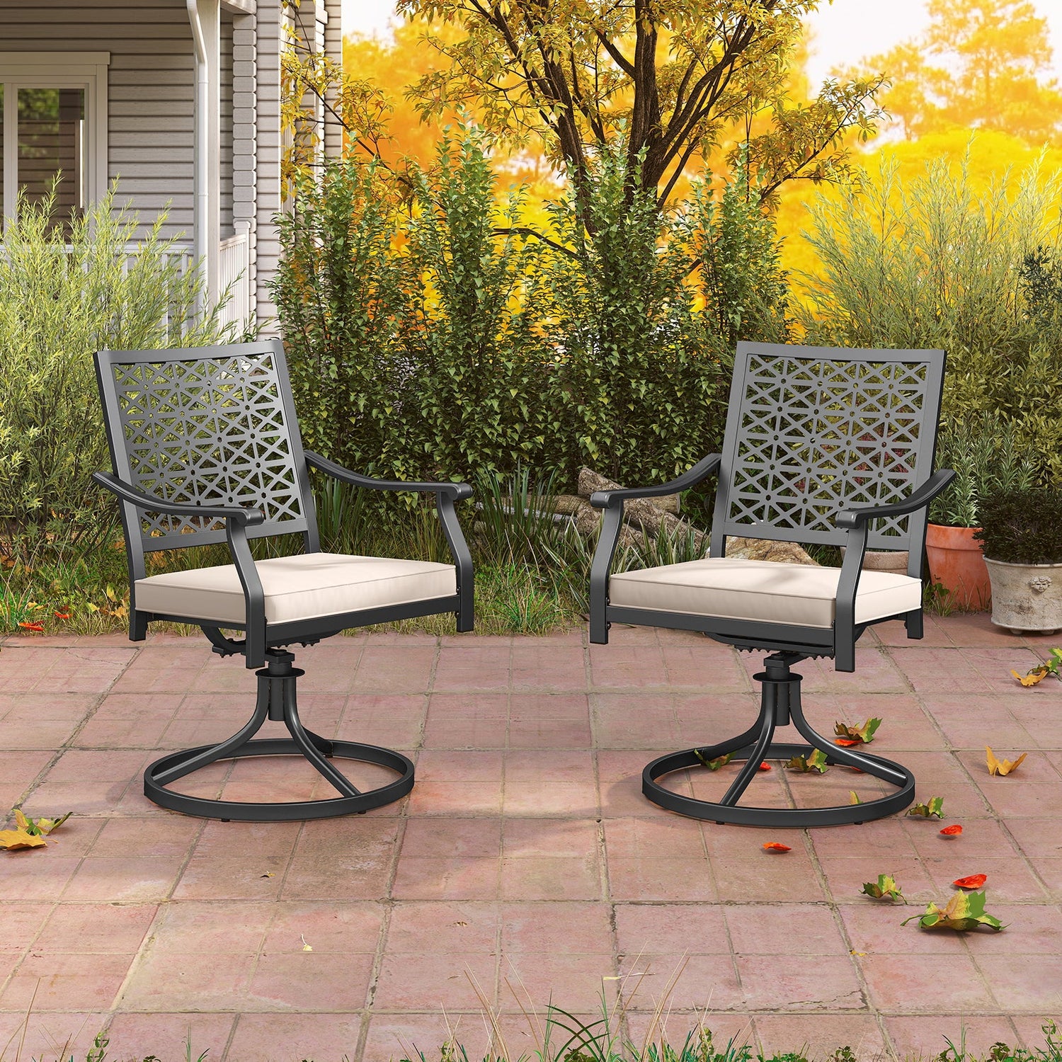Set of 2 Outdoor Swivel Chairs with Removable Cushions - Beige