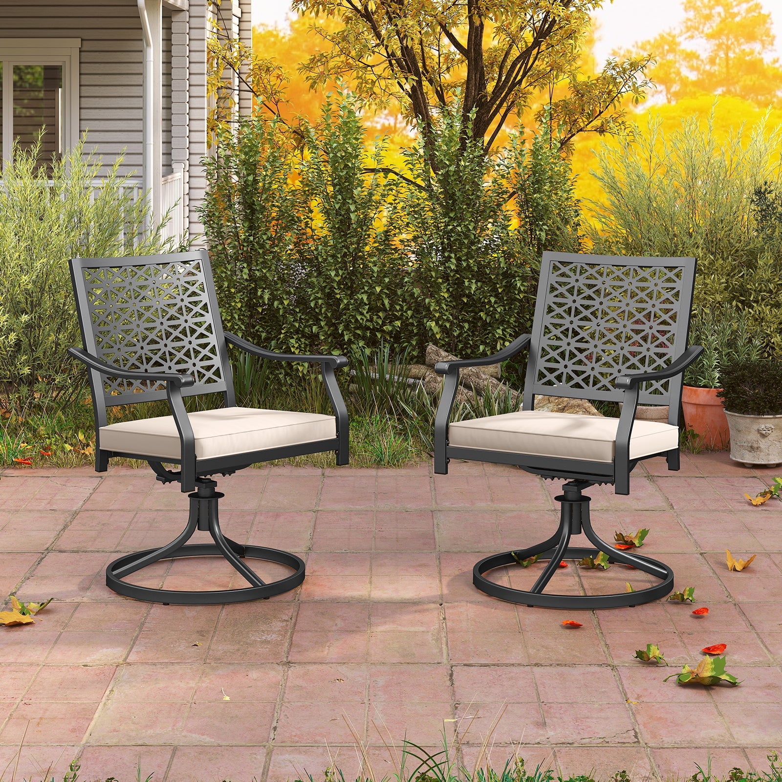 Set of 2 Outdoor Swivel Chairs with Removable Cushions - Beige