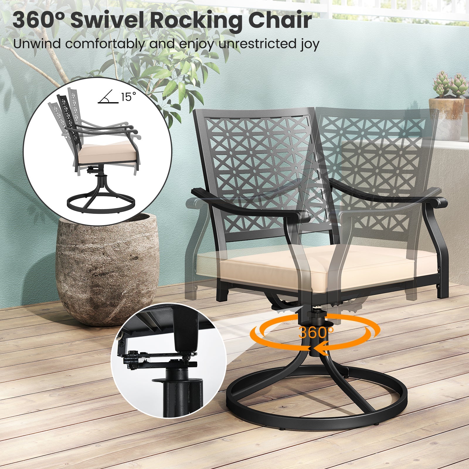Set of 2 Outdoor Swivel Chairs with Removable Cushions - Beige