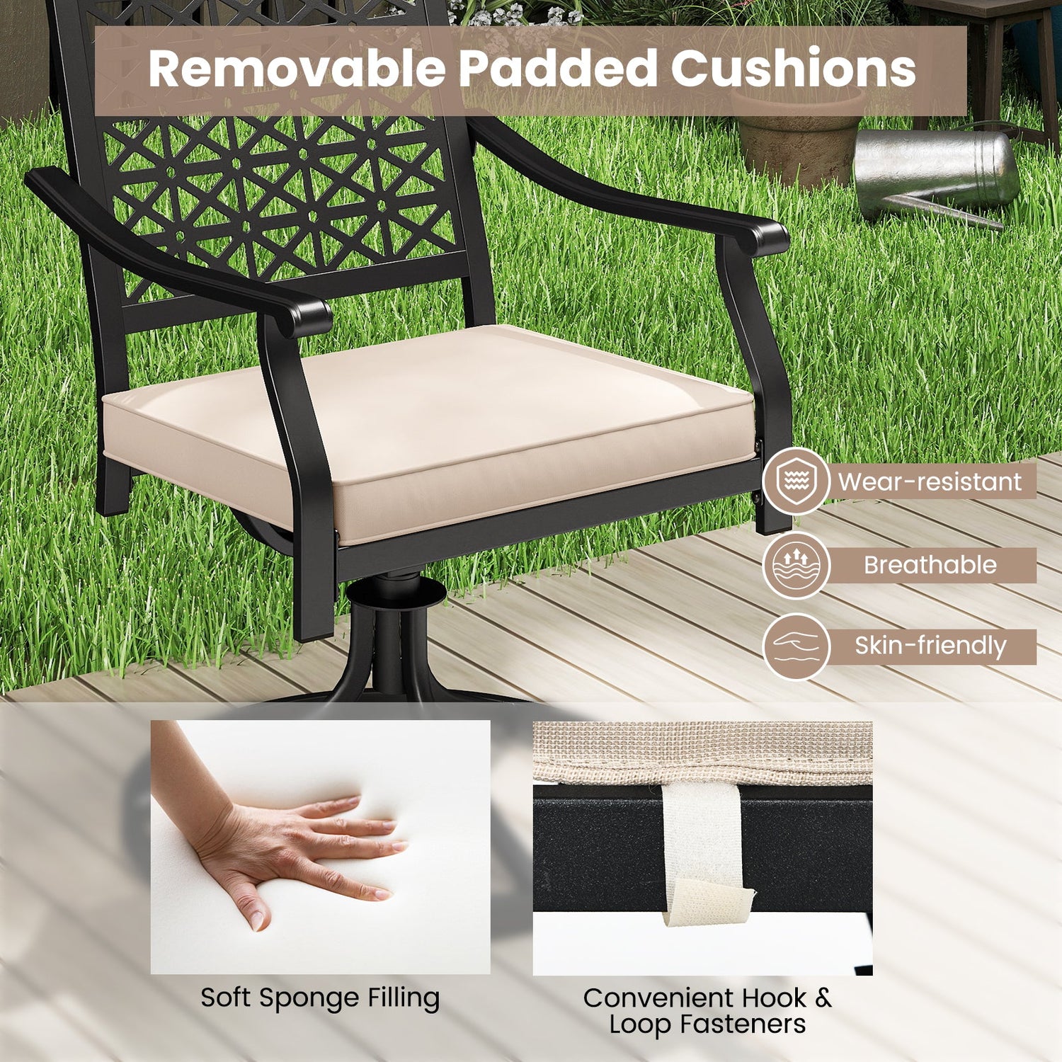 Set of 2 Outdoor Swivel Chairs with Removable Cushions - Beige