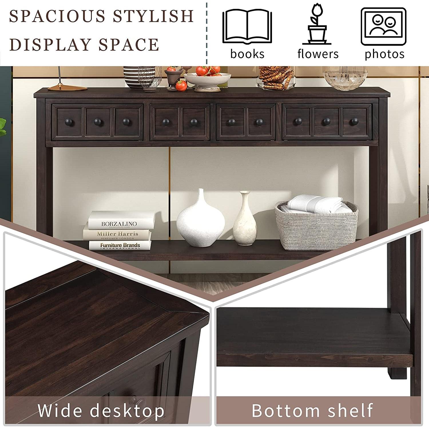 Rustic 60 Inch Console Table With Drawers in Mocha