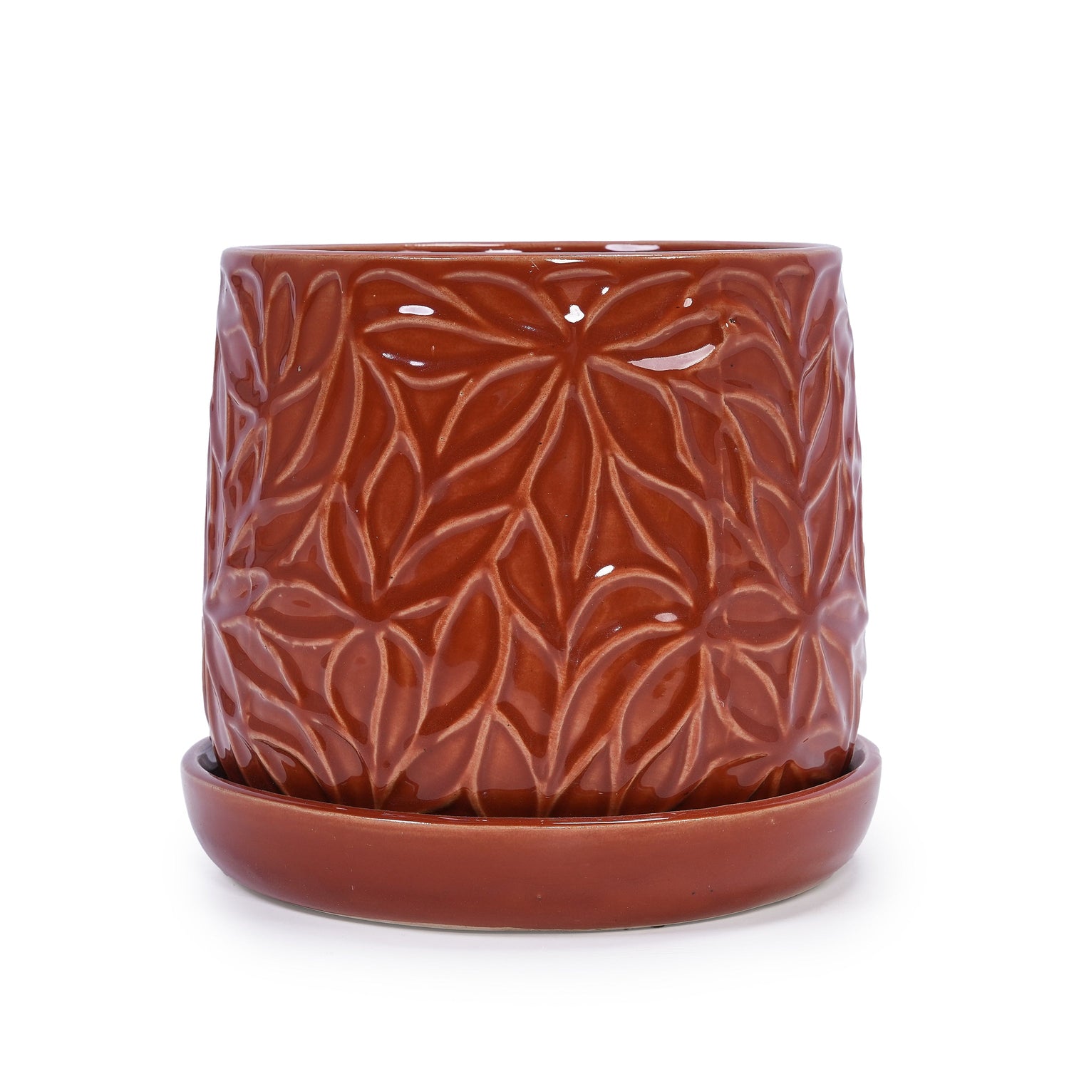 Set of 2 Embossed Ceramic Flowerpots - Red