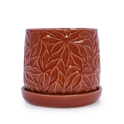 Set of 2 Embossed Ceramic Flowerpots - Red
