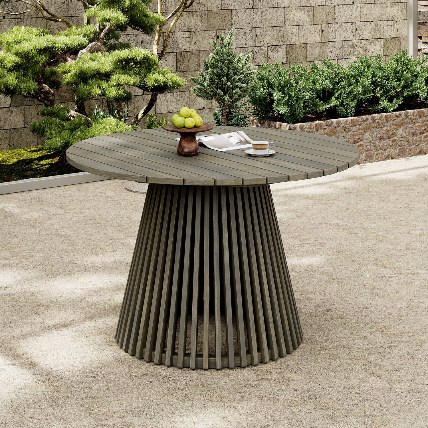 Round Outdoor Grey Acacia Wood Patio Dining Table - 47.25 inch