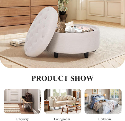 Beige Storage Ottoman With Tray