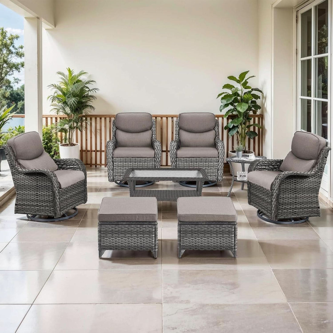 8-Piece Outdoor Wicker Lounge Set with Swivel Chairs, Ottomans, Tables - Gray