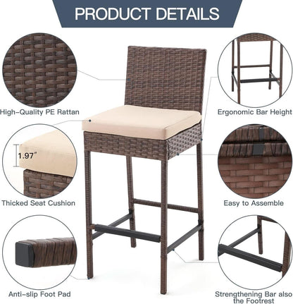 Outdoor Rattan Bar Stools w/ Beige Cushions - Set of 4