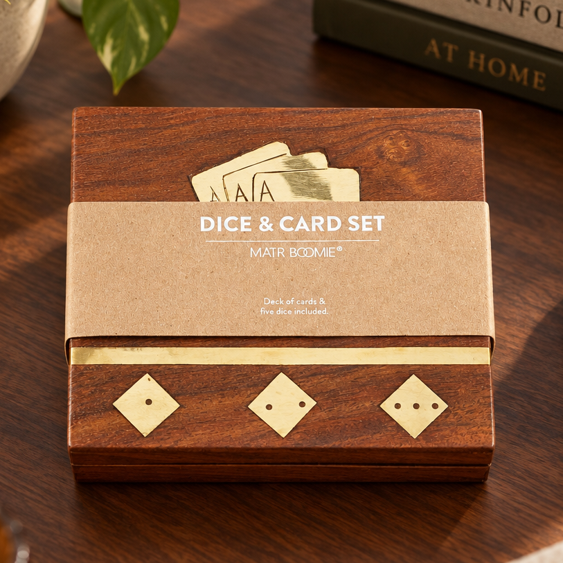 Handcrafted Game Night Box With Wooden Dice &amp; Set of Playing Cards