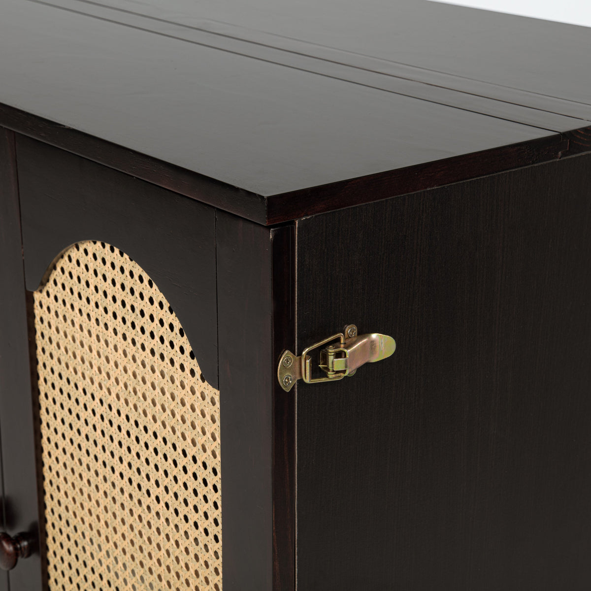Queen Size Murphy Bed, Pine Wood with Power Station and Rattan Decoration Panel - Espresso