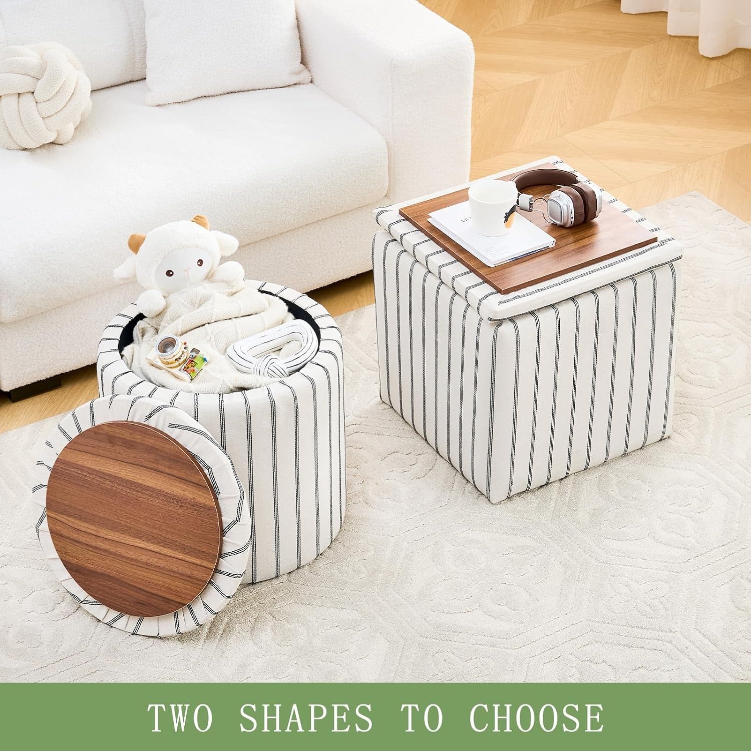 Striped Round Storage Ottoman With Removable Tray