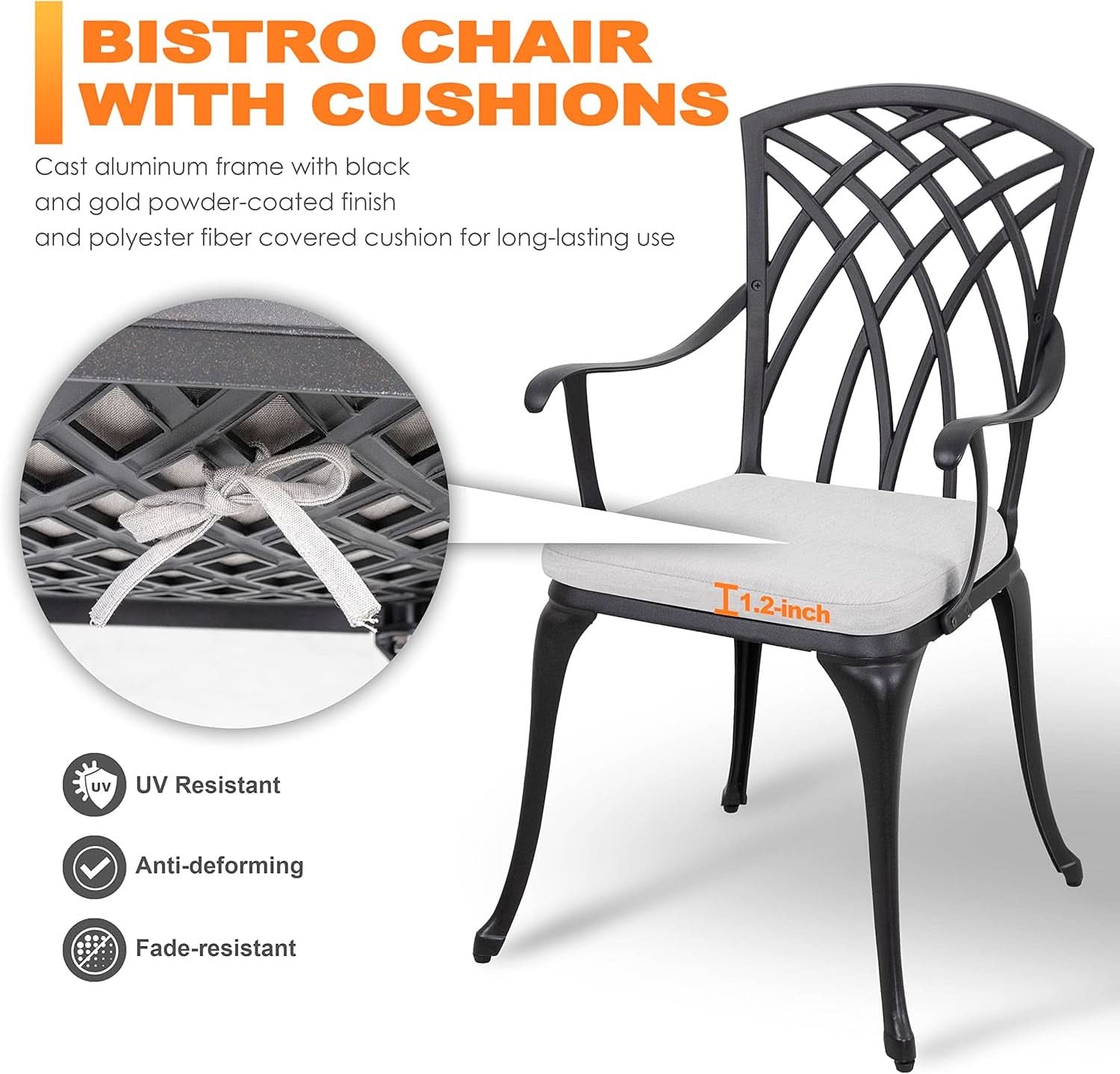 3 Piece Outdoor Cast Aluminum  Bistro Set - Black with Gray Cushions