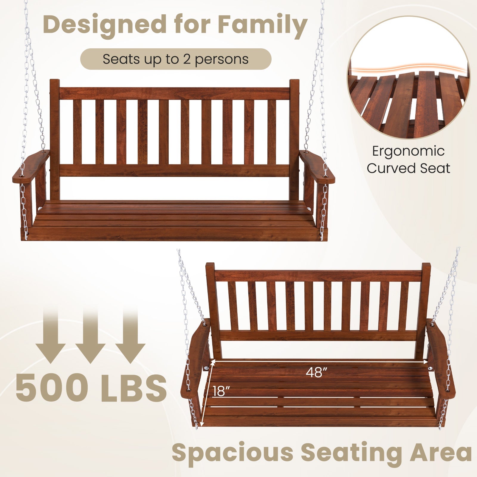 2-Person Wooden Outdoor Porch Swing with 500 lbs Weight Capacity - Brown or White