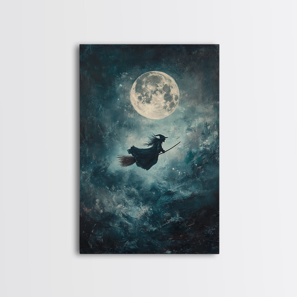 Witch Riding Under a Full Moon - Framed Canvas Print